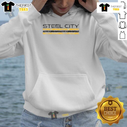Premium Steel City Pittsburgh Pennsylvania retro vintage sports hoodie in navy blue with classic logo design.