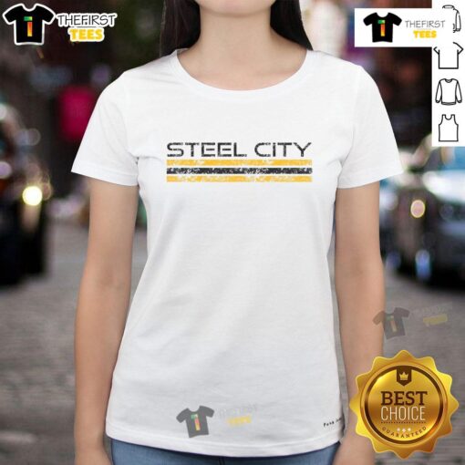 Premium Steel City Pittsburgh Pennsylvania retro vintage sports ladies tee showcasing iconic city skyline design.