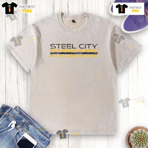 Premium Steel City Pittsburgh Pennsylvania retro vintage sports washed t-shirt featuring iconic city skyline design.