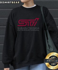 Premium STI logo on a Subaru Technica International sweatshirt, showcasing sporty style and automotive passion.