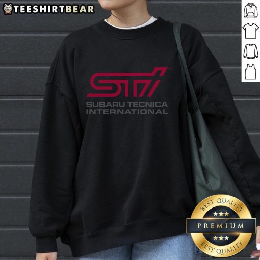 Premium STI logo on a Subaru Technica International sweatshirt, showcasing sporty style and automotive passion.