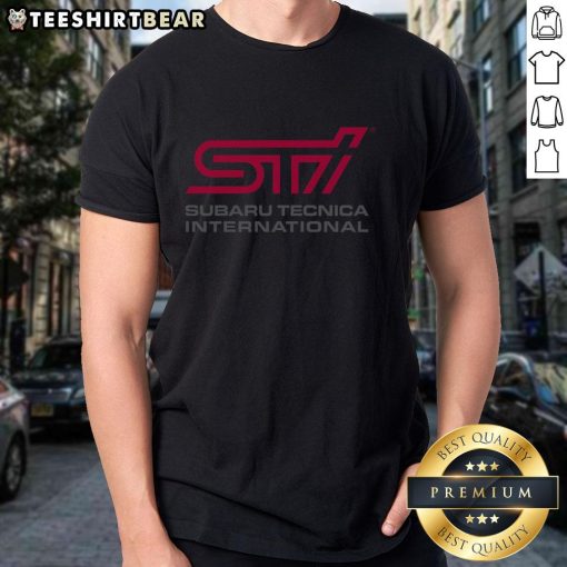 Alt Text: Premium STI Logo Subaru Technica International T-Shirt featuring a sleek design and vibrant colors for motorsport enthusiasts.