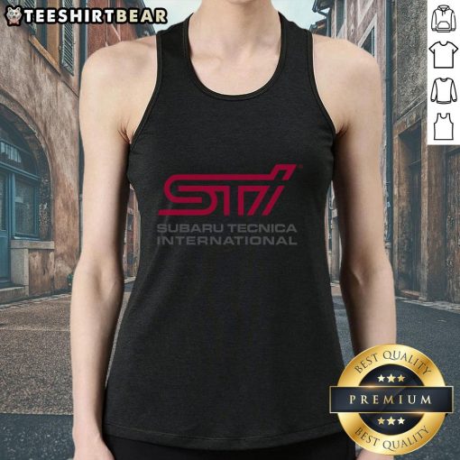 Premium STI Logo on Subaru Technica International tank top, showcasing a stylish and sporty design for enthusiasts.