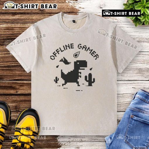 Premium T-Rex Dinosaur Game Offline Gamer washed t-shirt in blue, featuring a fun dinosaur graphic for gaming enthusiasts.