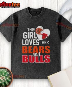 Premium washed t-shirt featuring a girl who loves her Chicago Bears and Bulls, perfect for sports fans.