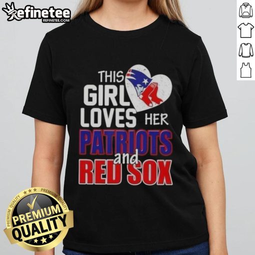 Premium ladies tee featuring 'This Girl Loves Her New England Patriots and Boston Red Sox' design for sports fans.