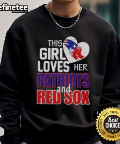 Girl wearing a New England Patriots and Boston Red Sox sweatshirt, showcasing her love for both teams.