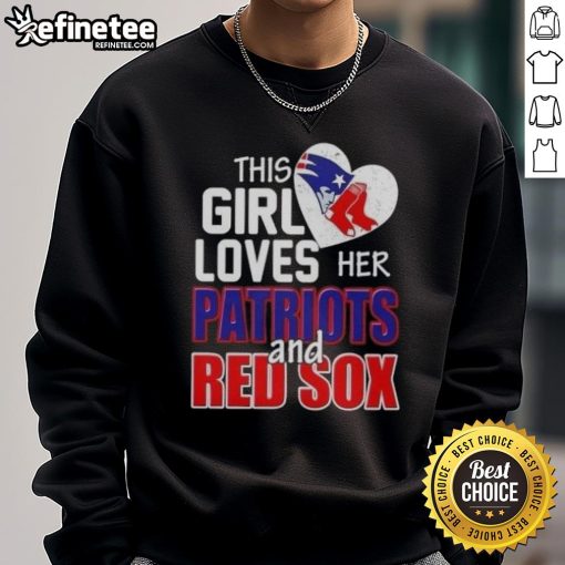 Girl wearing a New England Patriots and Boston Red Sox sweatshirt, showcasing her love for both teams.