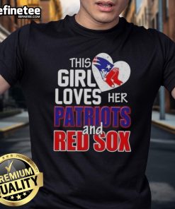 Premium t-shirt featuring 'This Girl Loves Her New England Patriots and Boston Red Sox' design, perfect for sports fans.