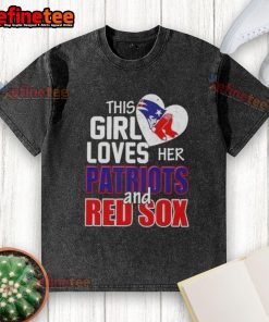 Alt Text: Girl wearing a Premium New England Patriots and Boston Red Sox washed t-shirt, showcasing her love for sports.