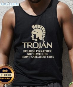 Premium Trojan tank top featuring 'I'd rather not have kids, I don't care about STDs' design for casual wear.