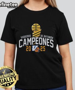 Alt Text: Premium Vaqueros de Bayamn Champions 2025 Ladies Tee showcasing vibrant team colors and logo for basketball fans.