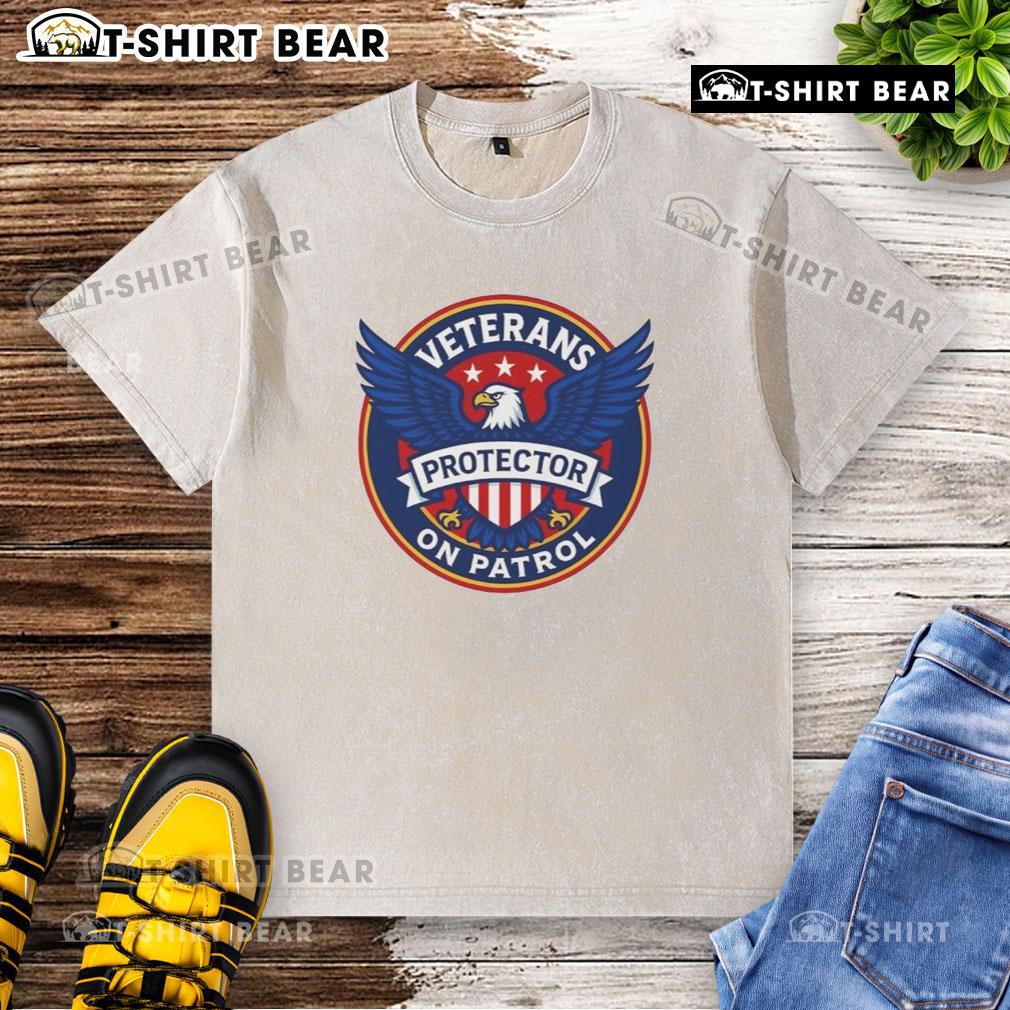 Premium Veterans On Patrol Protector Eagle Logo Washed T Shirt Alt Text: Premium Veterans On Patrol Protector Eagle Logo T-Shirt, featuring a stylish washed design for veterans.