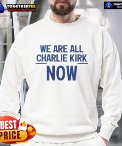 Premium 'We Are All Charlie Kirk Now' sweatshirt featuring a bold graphic design, perfect for conservative apparel fans.