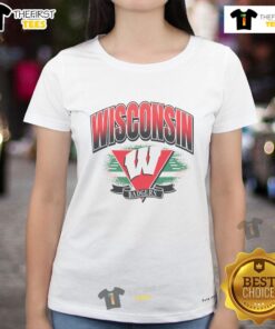Alt Text: Premium Wisconsin Badgers Arena Fade Ladies Tee featuring vibrant team colors and stylish design for fans.