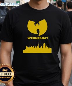 Premium Wu Tang Wednesday Skyline T-Shirt featuring iconic Wu-Tang logo against a city skyline design.