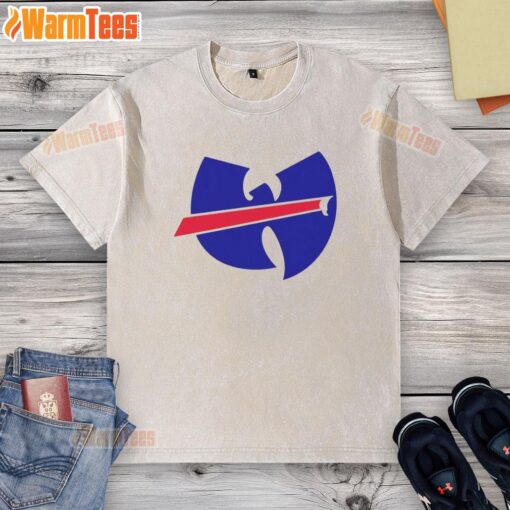 Premium Wu-Tang X Buffalo Bills Mafia logo washed t-shirt featuring bold graphics and a stylish design.