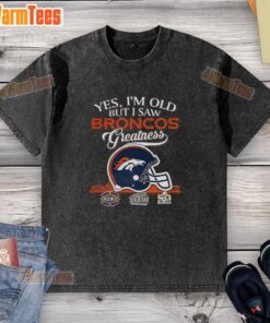 Premium 'Yes, I'm Old, But I Saw Denver Broncos Greatness' Super Bowl helmet skyline t-shirt design in vibrant colors.