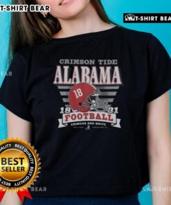 Alt Text: Stylish Alabama Crimson Tide stripe splash ladies tee featuring vibrant colors, perfect for game day and casual wear.
