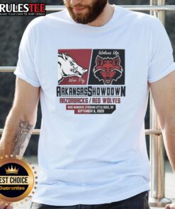 Stylish Arkansas Razorbacks vs Arkansas State Red Wolves Showdown 2025 T-Shirt featuring team logos and vibrant colors.