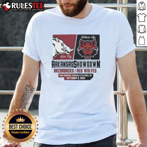 Stylish Arkansas Razorbacks vs Arkansas State Red Wolves Showdown 2025 T-Shirt featuring team logos and vibrant colors.