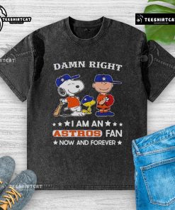 Astros fan Snoopy and Charlie Brown graphic on a washed t-shirt, showcasing team pride and playful design.