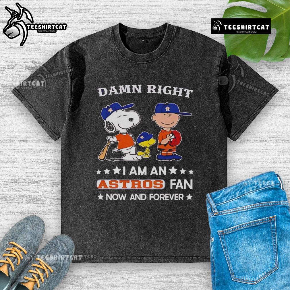 Pretty Damn Right I Am A Astros Fan Now And Forever Snoopy And Charlie Brown Washed T-Shirt Astros fan Snoopy and Charlie Brown graphic on a washed t-shirt, showcasing team pride and playful design.