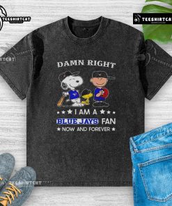 Blue Jays fan Snoopy and Charlie Brown on a washed t-shirt, showing loyalty to the team with a fun design.