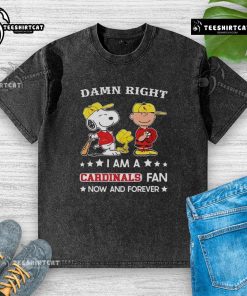 Alt Text: Snoopy and Charlie Brown on a washed t-shirt, showcasing pride as a Cardinals fan now and forever.