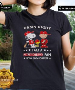 Alt Text: Cincinnati Reds fan tee featuring Snoopy and Charlie Brown, perfect for ladies supporting the team now and forever.