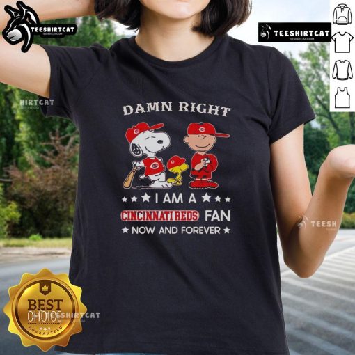 Alt Text: Cincinnati Reds fan tee featuring Snoopy and Charlie Brown, perfect for ladies supporting the team now and forever.