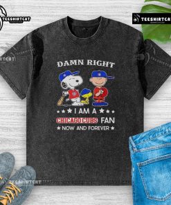 Alt Text: Snoopy and Charlie Brown on a washed t-shirt proclaiming 'Pretty Damn Right I Am A Cubs Fan Now And Forever'