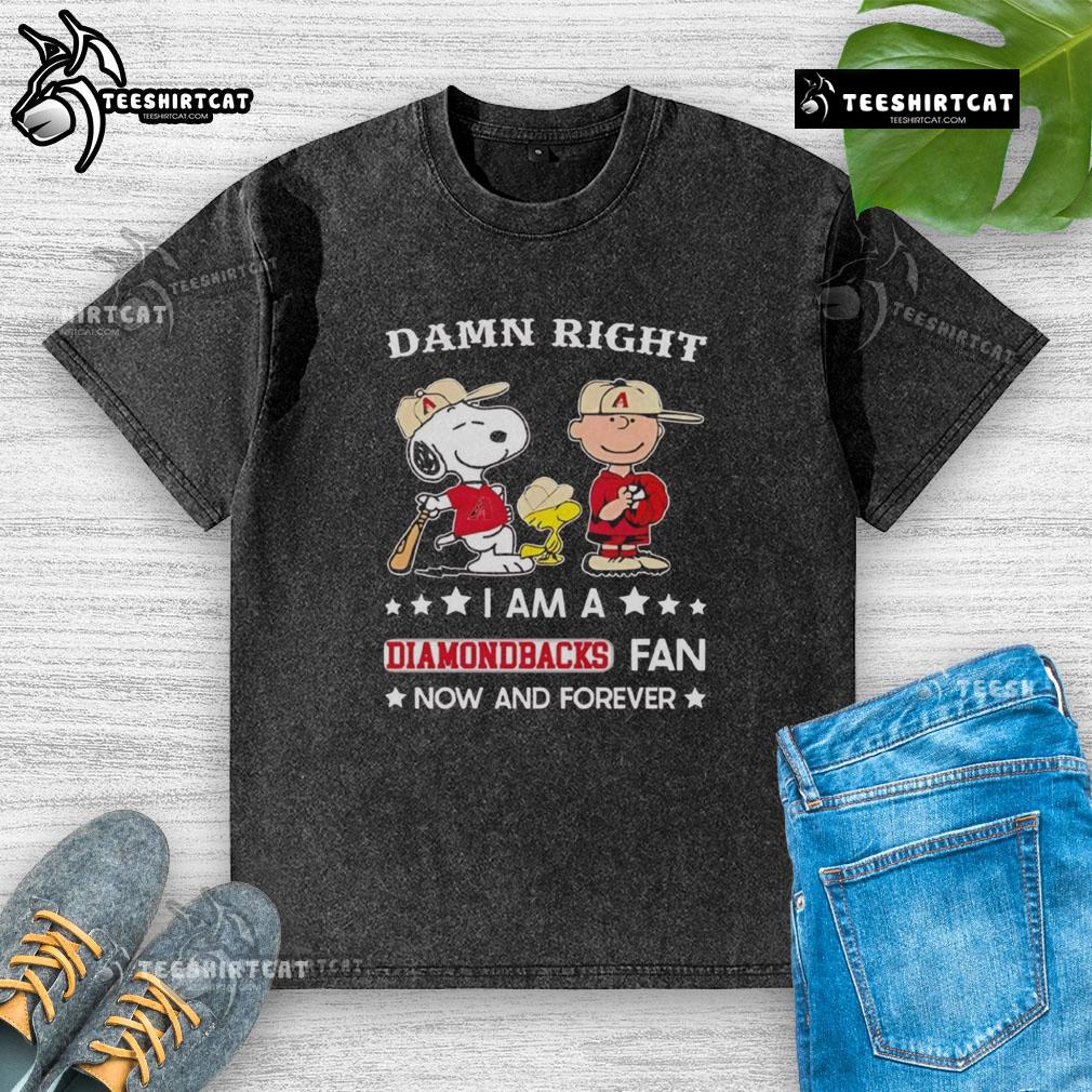 Pretty Damn Right I Am A Diamondbacks Fan Now And Forever Snoopy And Charlie Brown Washed T-Shirt Diamondbacks fan Snoopy and Charlie Brown on a washed t-shirt, showcasing team spirit and playful design.