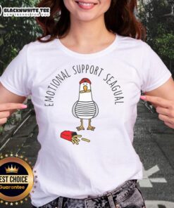 Alt Text: Pretty emotional support seagull enjoying French fries on a women's tee, perfect for beach lovers and animal enthusiasts.