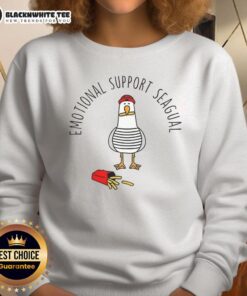 Cozy sweatshirt featuring a pretty emotional support seagull holding French fries, perfect for casual, fun wear.