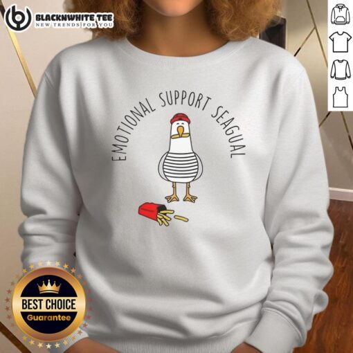 Cozy sweatshirt featuring a pretty emotional support seagull holding French fries, perfect for casual, fun wear.