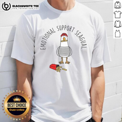 Pretty Emotional Support Seagull French Fries T-Shirt featuring a whimsical seagull design and vibrant colors.