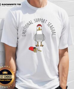 Pretty Emotional Support Seagull French Fries T-Shirt featuring a whimsical seagull design and vibrant colors.