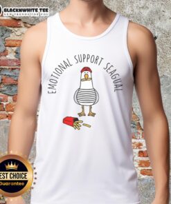 Pretty emotional support seagull wearing a tank top, perched beside a plate of French fries on a sunny day.