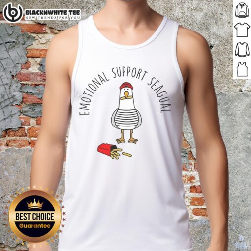 Pretty emotional support seagull wearing a tank top, perched beside a plate of French fries on a sunny day.