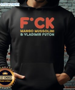 Alt Text: Pretty Fck Mango Mussolini and Vladimir Futon hoodie featuring unique graphic design and vibrant colors.
