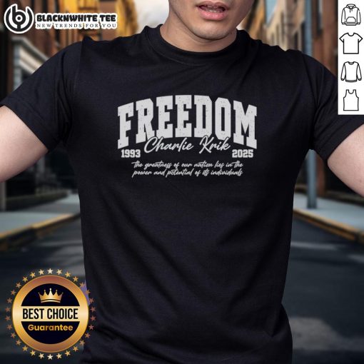 Alt Text: Pretty Freedom Charlie Kirk Rest In Peace A True American Patriot 1993-2025 T-Shirt design featuring patriotic graphics.