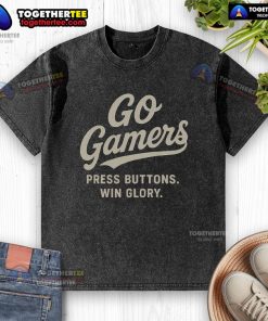 Pretty Go Gamer washed t-shirt featuring buttons and gaming graphics, perfect for gamers seeking style and comfort.