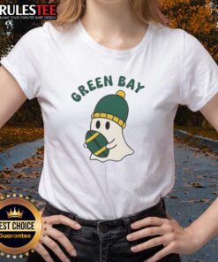 Pretty Green Bay Packers ghost football Halloween ladies tee in vibrant green, perfect for spooky game day celebrations.