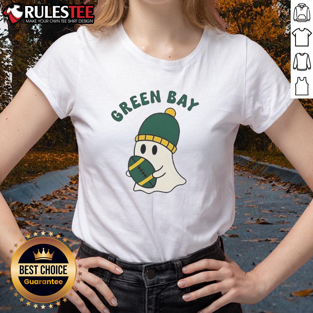 Pretty Green Bay Packers Ghost Football Halloween Ladies Tee Pretty Green Bay Packers ghost football Halloween ladies tee in vibrant green, perfect for spooky game day celebrations.
