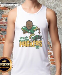 Micah Parsons wearing a stylish green tank top featuring the Green Bay Packers logo at a football event.