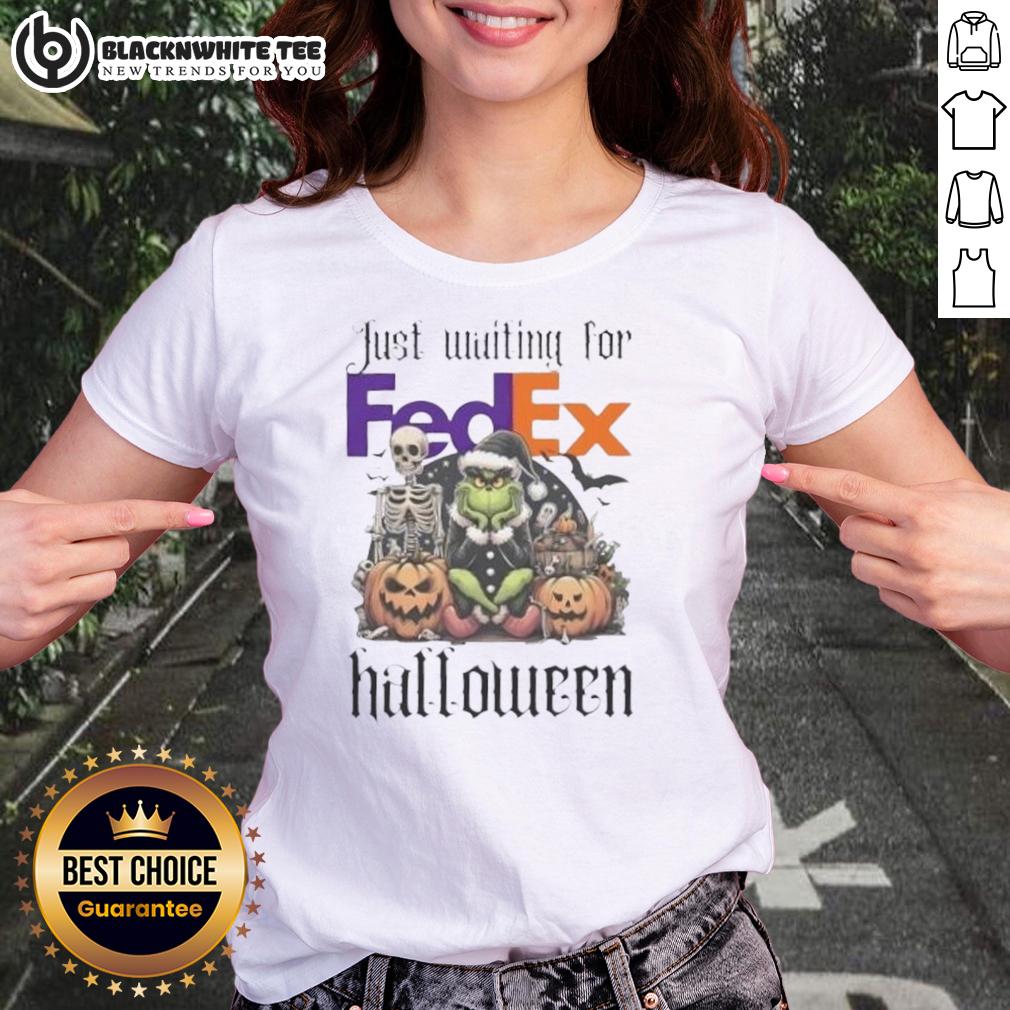 Pretty Grinch Just Waiting For Fedex Halloween Ladies Tee Alt Text: Pretty Grinch Halloween ladies tee featuring a whimsical design, perfect for festive celebrations and unique style.
