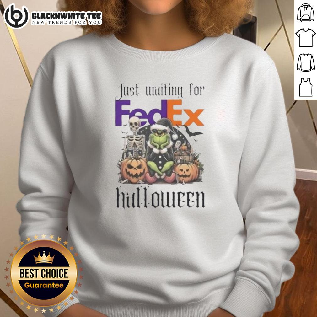 Pretty Grinch Just Waiting For Fedex Halloween Sweatshirt Alt Text: Pretty Grinch waiting for FedEx in a festive Halloween sweatshirt, perfect for holiday celebrations.