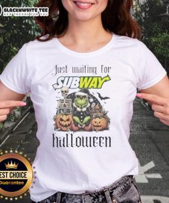 Pretty Grinch Halloween ladies tee featuring a whimsical Grinch design, perfect for festive subway rides.