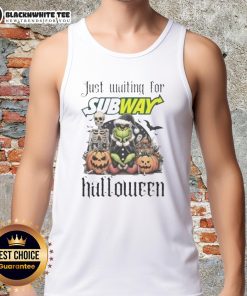 Pretty Grinch Halloween tank top design featuring a whimsical Grinch waiting for the subway, perfect for festive celebrations.